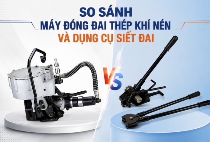 So sánh máy đóng đai thép khí nén và dụng cụ siết đai  